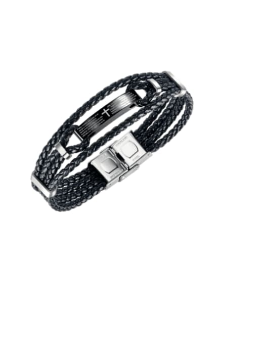 [1439] Black Leather Bracelet Titanium Steel Leather Geometric Vintage Strand Bracelet